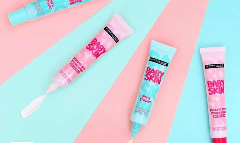Perbedaan primer Maybelline baby skin Pink dan Biru